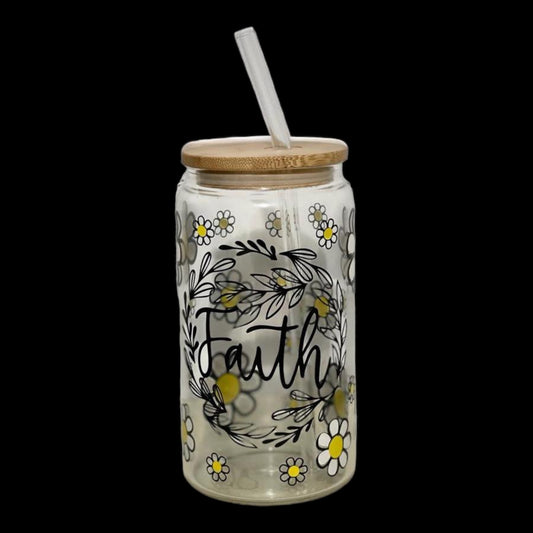 Faith, leaves and flowers - 16oz Glass Clear Can