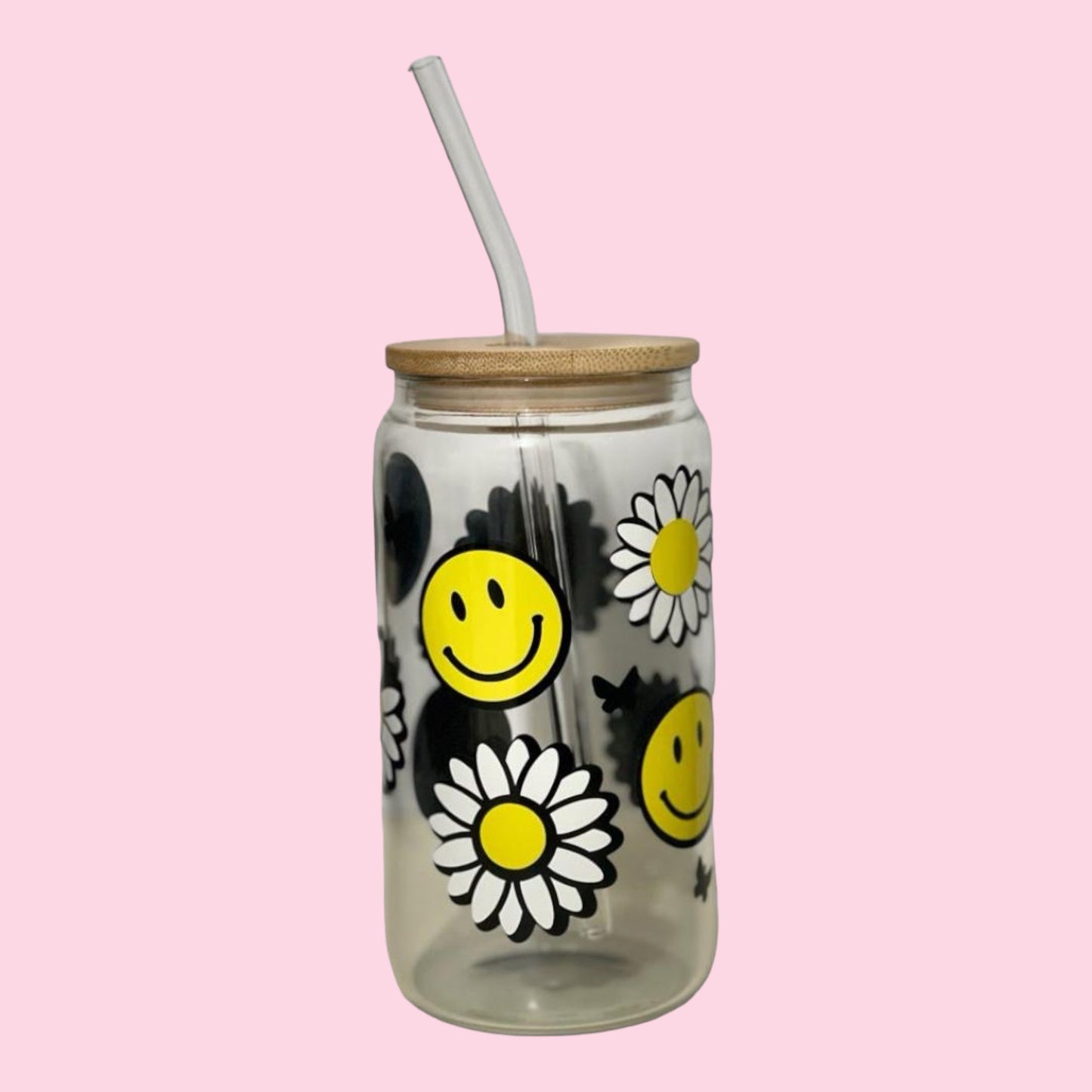 Smile and flowers - 16oz Glass Clear Can