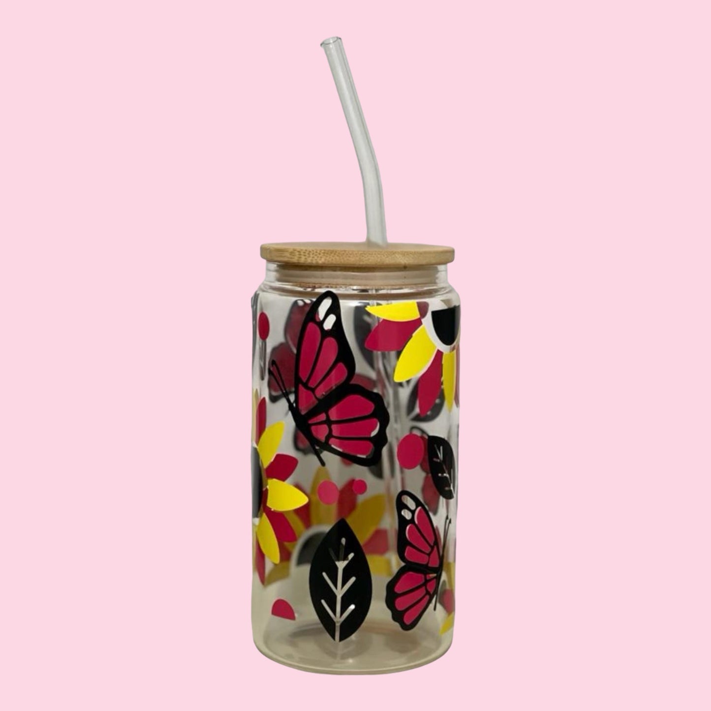 Butterflies, leaves and flowers - 16oz Glass Clear Can