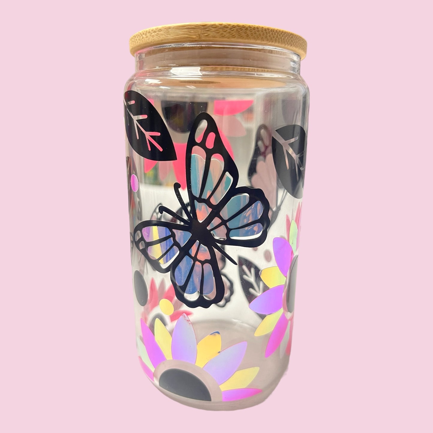 Butterfly leaves and flowers - Glass Can 16oz