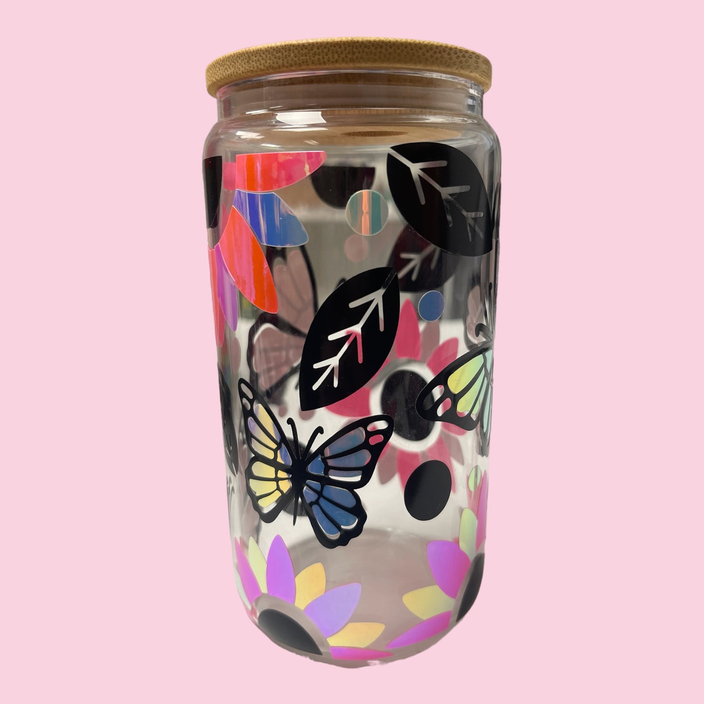 Butterfly leaves and flowers - Glass Can 16oz