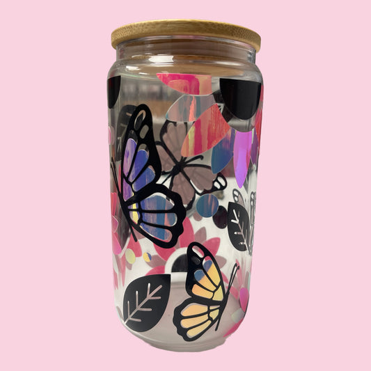 Butterfly leaves and flowers - Glass Can 16oz